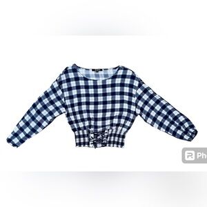 Hype Blue, White, and Red Plaid Flannel Cropped Long Sleeve Top w/Corset Hem